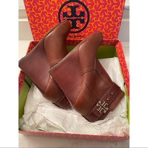 Tory Burch Brown Leather Wedge  Booties